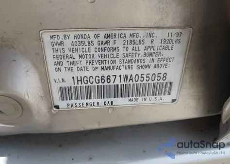 1998 Honda Accord Ex z USA, uszkodzony, nr VIN 1HGCG6671WA055058